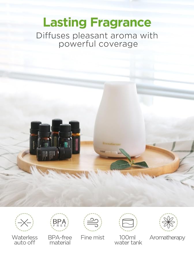 InnoGear Essential Oil Diffuser with Oils, 100ml Aromatherapy Diffuser with 6 Essential Oils Set, Aroma Cool Mist Humidifier Gift Set, White-CubbioJoy