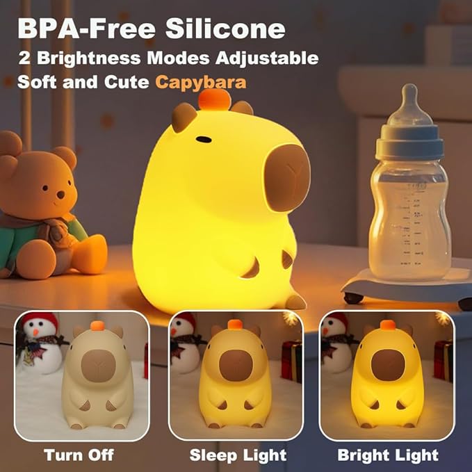 Capybara Little Night Light for Kids, Portable USB Rechargeable Animal Lamps Touch Control Lamp, Silicone Night Light with Timing Function,Children's Christmas Gifts-CubbioJoy