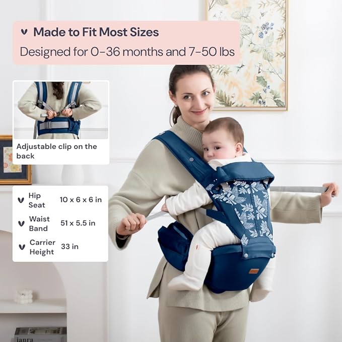 BabbleRoo Grow Carrier – Safety-Certified 6-in-1 Baby Carrier with Hip Seat, Ergonomic & Adjustable Toddler Carrier 7-50 lbs with Hip Support, Hood for Sun Protection, Newborn to Toddler, Denim Leaves-CubbioJoy
