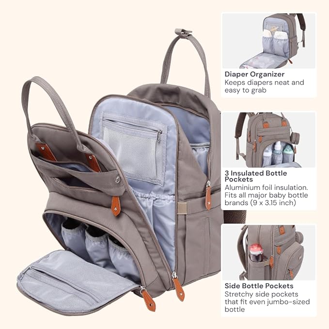 BabbleRoo Diaper Bag Backpack - Baby Essentials Travel Tote - Multi Function Waterproof Diaper Bag, Travel Essentials Baby Bag with Changing Pad, Stroller Straps & Pacifier Case - Unisex, Khaki-CubbioJoy