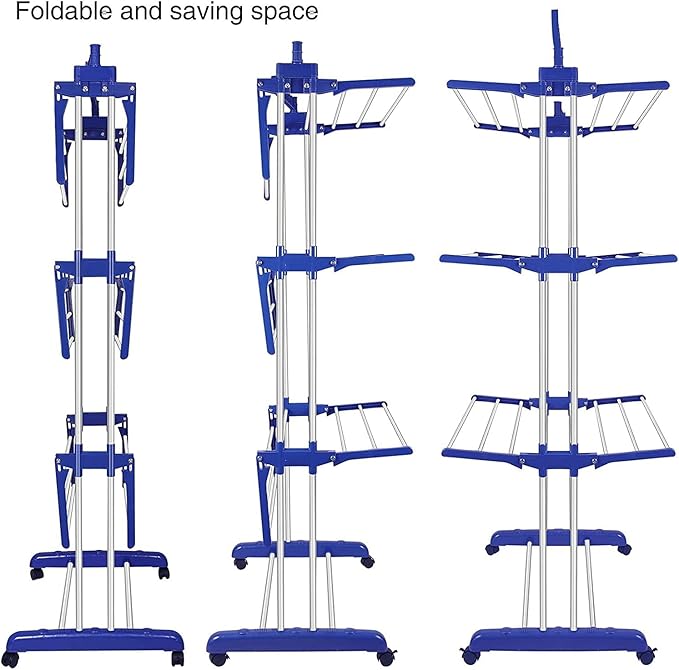 Bigzzia Clothes Drying Rack, Folding Stainless Steel Drying Rack Clothing Indoor Outdoor, Space-Saving, 4 Tier Laundry Drying Rack with Two Side Wings Grey Blue-CubbioJoy