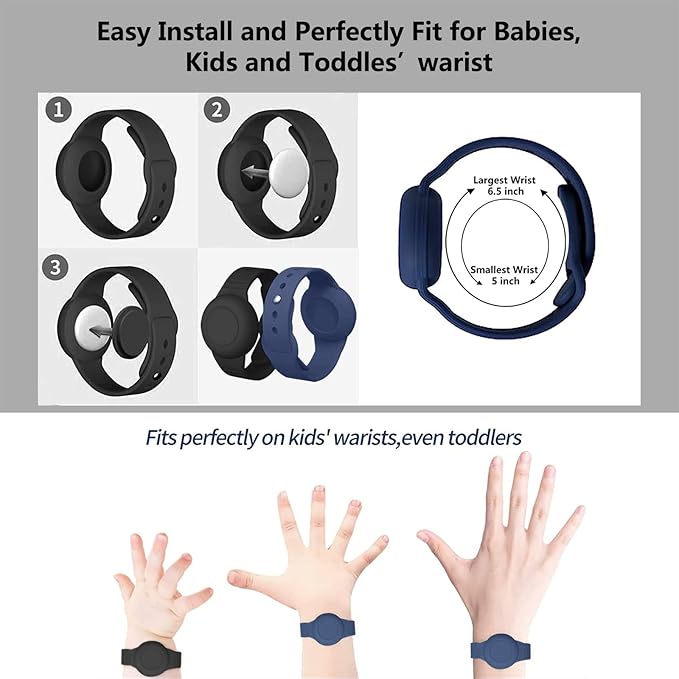 2 Pack Waterproof Airtag Wristband Kids - Anti-Lost Silicone Airtag Holder Cases for Toddler - GPS Tracker Watch Band (Black+Blue)-CubbioJoy