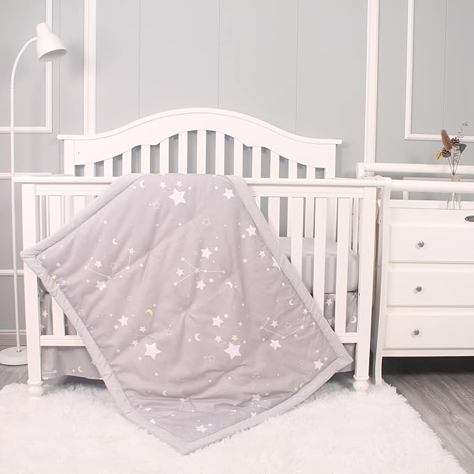 Belsden 3 Piece Crib Bedding Set for Baby Boys Girls, Classic Nursery Bedding Essential Including Comforter, Crib Sheet and Crib Skirt, Ultra Soft Cozy, Star Light Grey-CubbioJoy