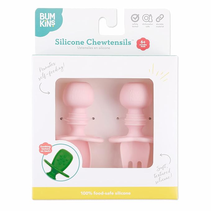 Bumkins Baby Utensils Set, Chewtensils Silicone Spoons for Dipping, Self-Feeding, Baby Led Weaning, Trainer Learning, First Stage Eating, Soft Practice Fork and Spoon, Babies 6 Months, Pink-CubbioJoy