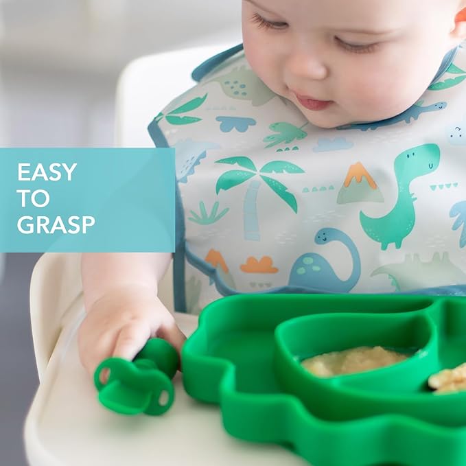 Bumkins Baby Utensils Set, Chewtensils Silicone Spoons for Dipping, Self-Feeding, Baby Led Weaning, Trainer Learning, First Stage Eating, Soft Practice Fork and Spoon, Babies 6 Months, Jade Green-CubbioJoy