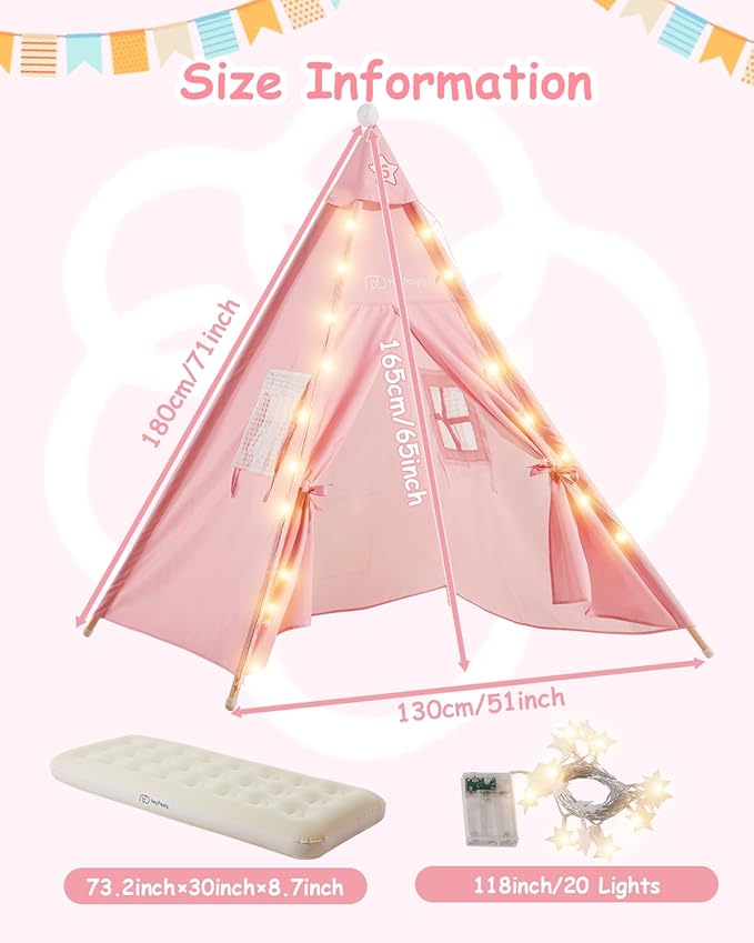 6 Pack Teepee Tent for Kids with Inflatable Airbed, Light, Toddler Tent Children Room Tents, Slumber Party Sleepover Tents, Indoor Outdoor Kids Playtent Playhouse for Girls & Boys-CubbioJoy