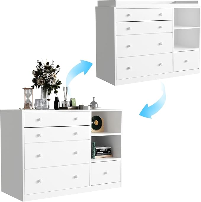 Changing Table Dresser, Baby Classic Nursery Dresser with 5 Drawers and 2 Shelves, Multi-Functional Baby Changing Table, Diaper Changing Station for Children's Room, White-CubbioJoy