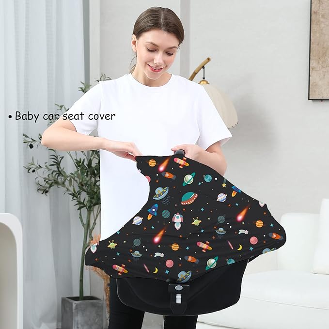 Carseat Covers Unisex - Black Creative Spacecraft Pattern Car Seat Canopy Cover for Babies, Multi-use Breastfeeding Cover, Baby Shower Gifts for Boy and Girls-CubbioJoy