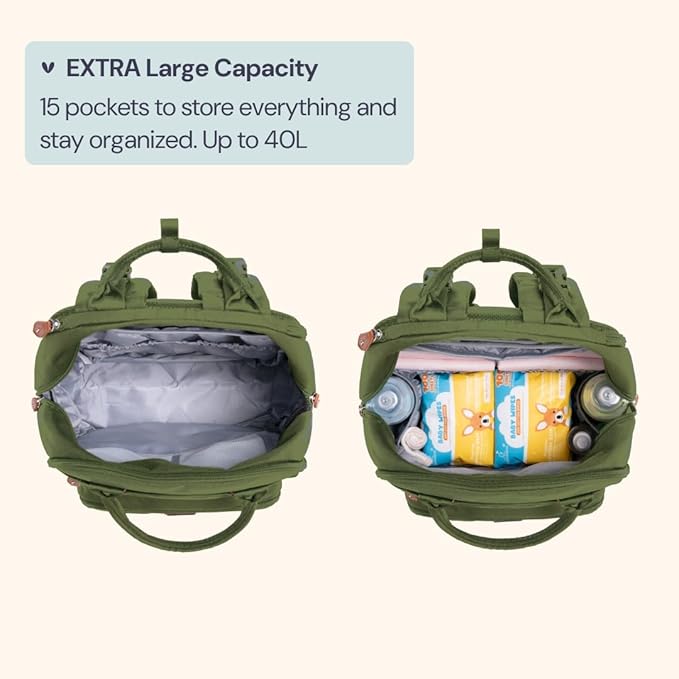 BabbleRoo Extra Large Diaper Bag Backpack, Expandable Baby Bag with Up to 50% More Capacity - Travel Essentials Baby Bag Tote with Changing Pad, Stroller Straps & Pacifier Case - Unisex, Forest Green-CubbioJoy