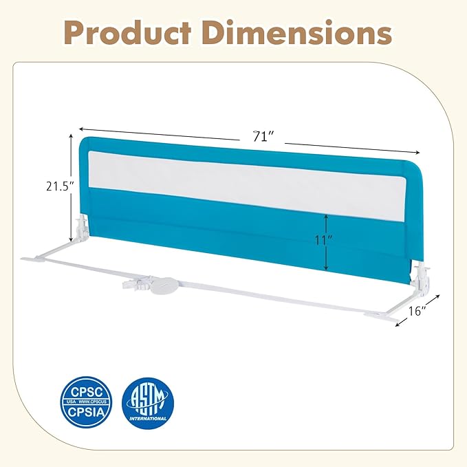 BABY JOY Bed Rails for Toddlers, 71'' Extra Long, Upgraded Swing Down Bed Guard w/Safety Strap, Folding Baby Bedrail for Kids Twin, Double, Full Size Queen & King Mattress (71-Inch, Blue)-CubbioJoy