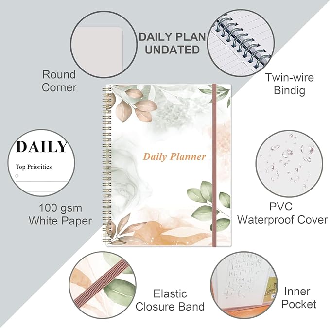 Daily Planner Undated - 8.5" x 11" To Do List Notebook Hourly Schedules, 150 Sheets/300 Pages Spiral Appointment Planner for Women and Men,PVC Hardcover, Inner Pocket, Elastic Closure, Rose Leaf-CubbioJoy