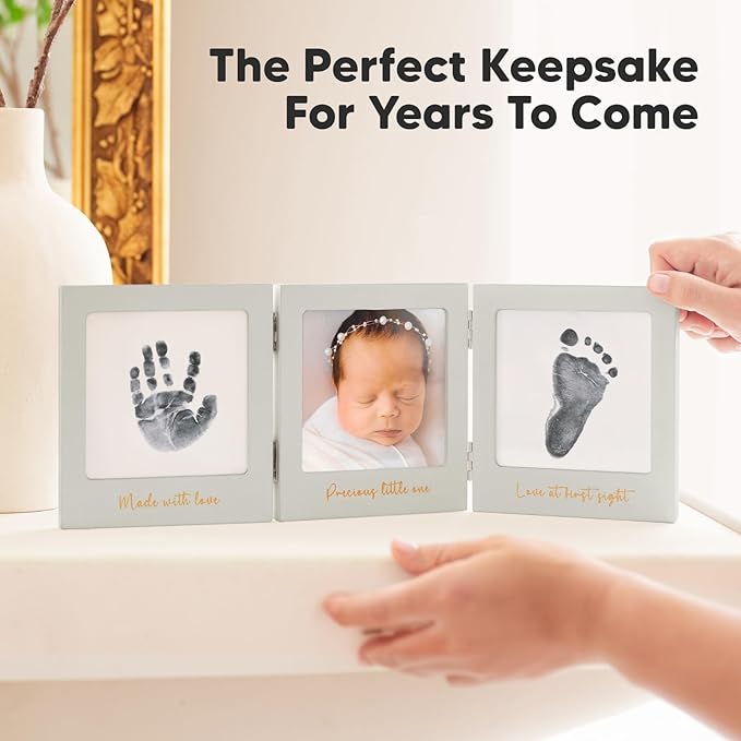 Inkless Baby Handprint and Footprint Kit for Newborn - Baby Footprint Kit, Newborn Keepsake Nursery Picture Frame,Dog Paw Print Maker,Personalized Gifts for New Mom,Showers & Registry(Cloud Gray/Gold)-CubbioJoy