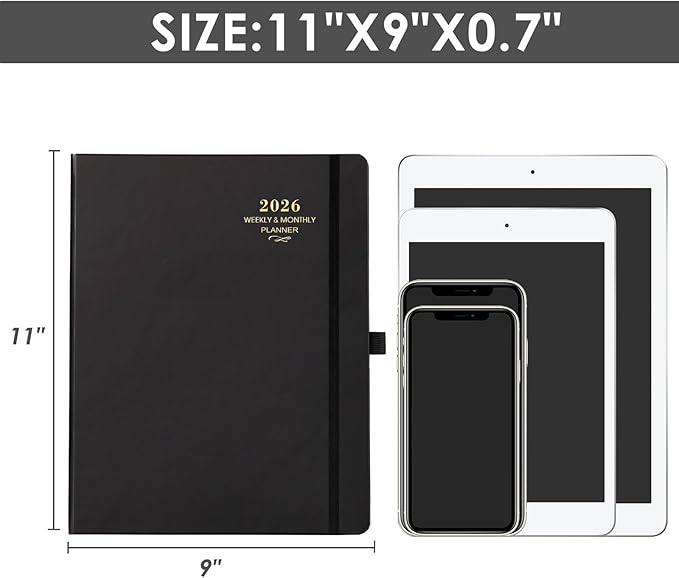2026 Planner - 2026 Planner Weekly and Monthly, JAN 2026 - DEC 2026, Calendar Planner with Hardcover,Thick Paper, Back Pocket, Notes Pages, Pen Loop (9" x 11") - Black-CubbioJoy