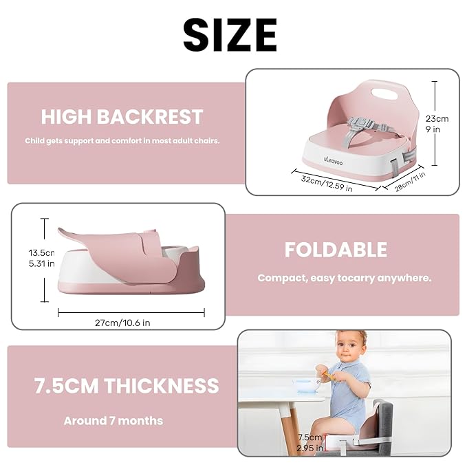 Baby Booster Seats, Toddler Booster Seat for Dining Table with Adjustable Straps, Portable Compact Portable Baby Chair for Dining and Travel (Pink)-CubbioJoy