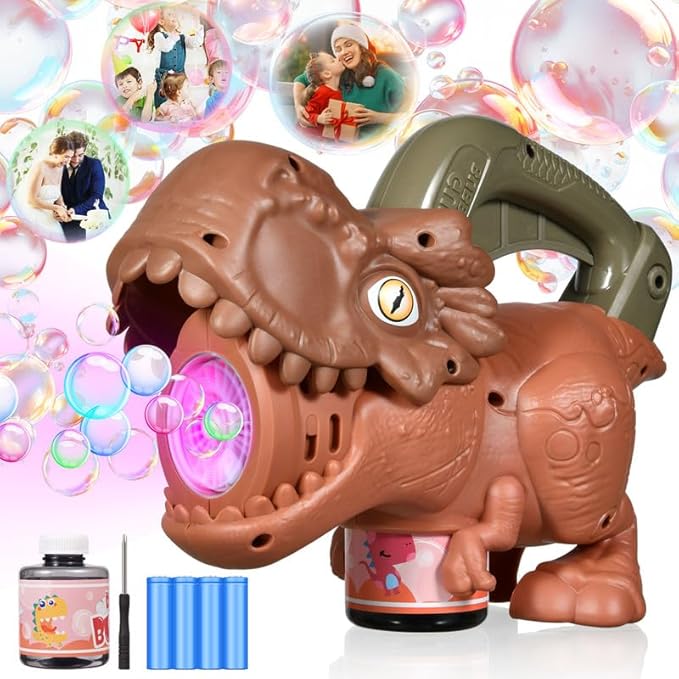 Dinosaur Bubble Machine with Colorful Lighting for Kids Automatic Handheld Dinosaur Bubble Toy 20000+ Big Bubbles Per Minute Bubbles Toy for Outdoor Parties Yard Fun Kids Gift Tyrannosaurus Brown-CubbioJoy