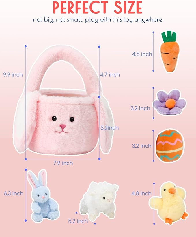 7 Piece Plush Stuffed Animals Playset Toys with Rabbit, Chick, Lamb, Carrot, Egg, Flower, Furry Bag, Soft Basket Set Toys for Girls Kids Ages 3+, Birthday Christmas Valentines Easter Party Favors-CubbioJoy
