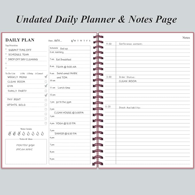 Daily Planner Undated - B5 To Do List Notebook Hourly Schedules, Spiral Appointment Planner for Women and Men, PVC Hardcover, Inner Pocket, Elastic Closure, 7" x 10", Pink-CubbioJoy