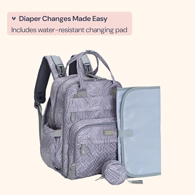 BabbleRoo Diaper Bag Backpack - Baby Essentials, Travel Essentials Baby Bag with Changing Pad, Stroller Straps & Pacifier Case - Unisex, Gray Swirls-CubbioJoy