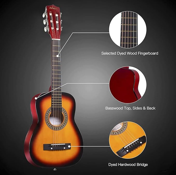 ADM Beginner Acoustic Classical Guitar 30 Inch Nylon Strings Wooden Guitar Bundle Kit for Kid Boy Girl Student Youth Guitarra Online Lessons with Gig Bag, Strap, Tuner, Extra String,Pick,Sunbrust 1-CubbioJoy