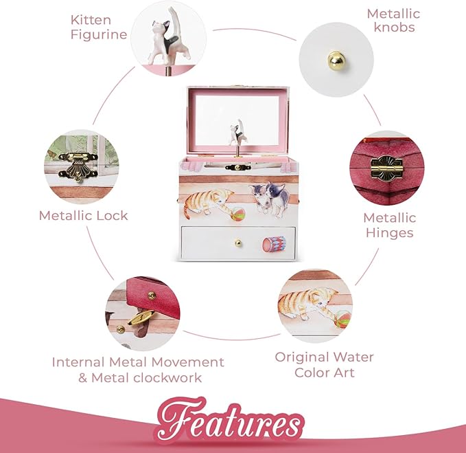 Curious Kittens Musical Jewelry Box Cat Spins to Ode to Joy 3 Pullout Drawers Treasure Storage-CubbioJoy