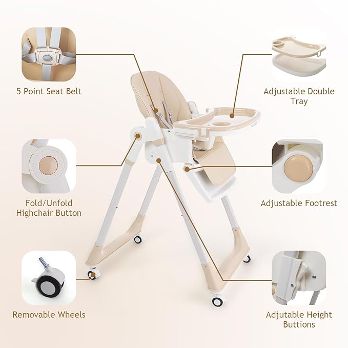 3 in 1 Baby High Chair with Wheels, Adjustable 5 Point Harness, Tray, Foot Rest, Backrest and Seat Height, Foldable High Chair for Toddlers, Beige-CubbioJoy