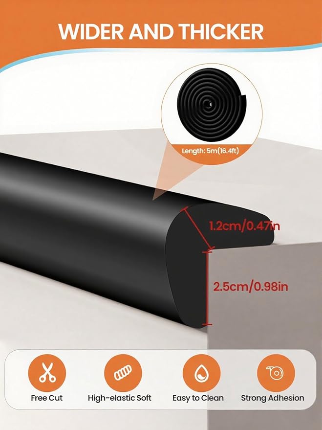 Baby Proof Edge Corner Protector, 16.4FT 0.47''Th L-Shape Furniture Corner & Edge Safety Bumpers with 10 Corners, Pre-Taped, Soft NBR Rubber Foam Desk Edge Cushion Wall Corner Protector (Black)-CubbioJoy