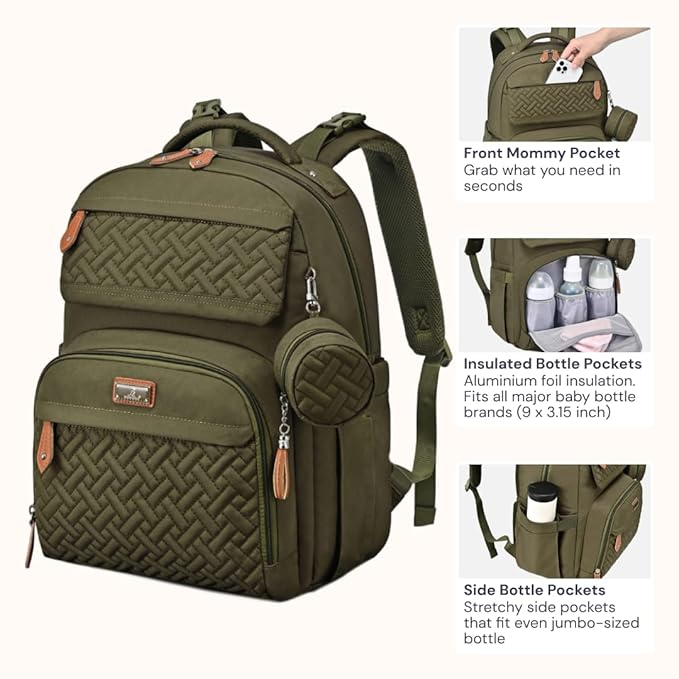 BabbleRoo Diaper Bag Backpack, Travel Backpack with Changing Pad, Pacifier Case & Stroller Straps, Multifunction, Waterproof, Unisex – Army Green-CubbioJoy
