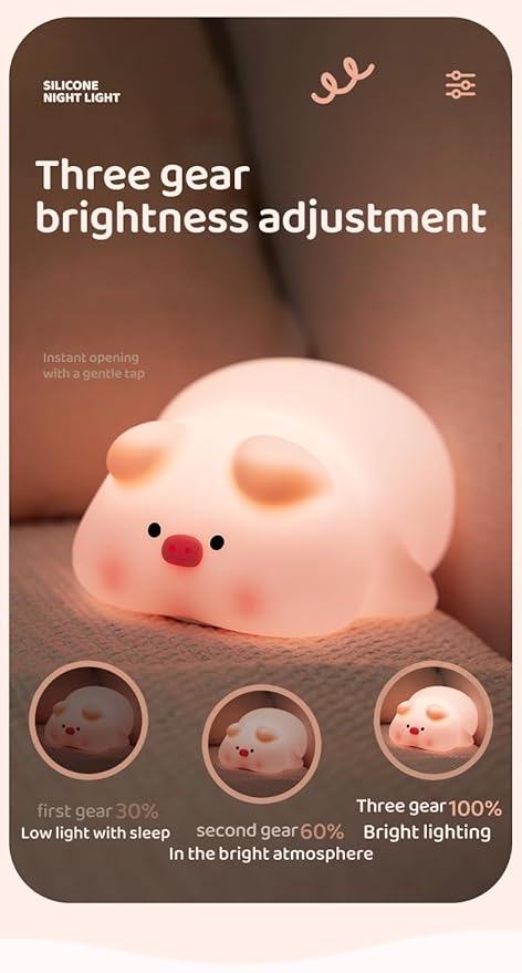 ATSUI Pig Night Light for Kids, Food Grade Silicone, Rechargeable, Tap Fun Kawaii Lamp for Kids Room, Adjustable Brightness, Cute Stuff for Boys Girls, Cute Gifts for Baby Children-CubbioJoy