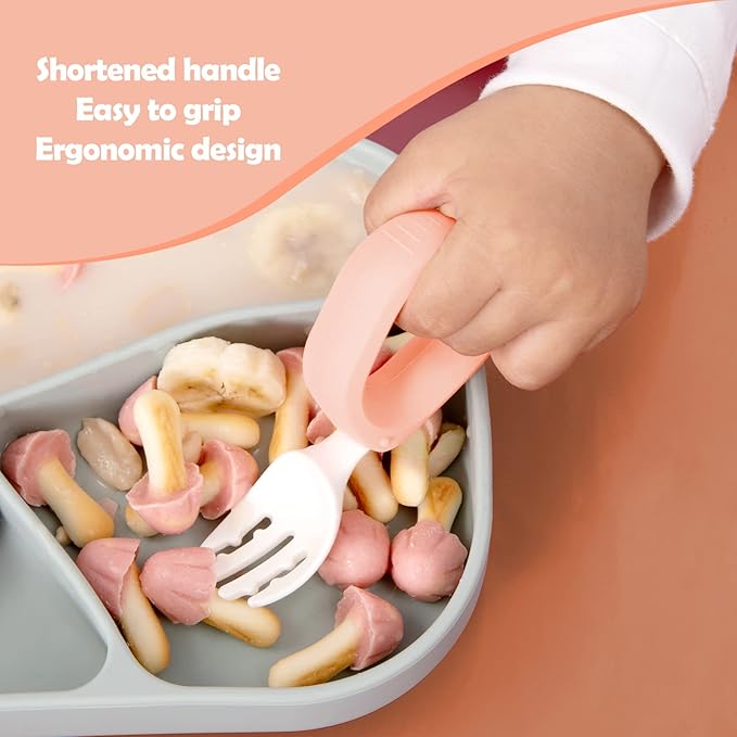 Baby Self Feeding Training Spoon and Fork Set with Travel Case, BPA-Free Cute Circle Toddler Training Utensils, Silicone/ABS Great Tableware Set Spoons Fork for Kids (Pink& Light Pink)-CubbioJoy