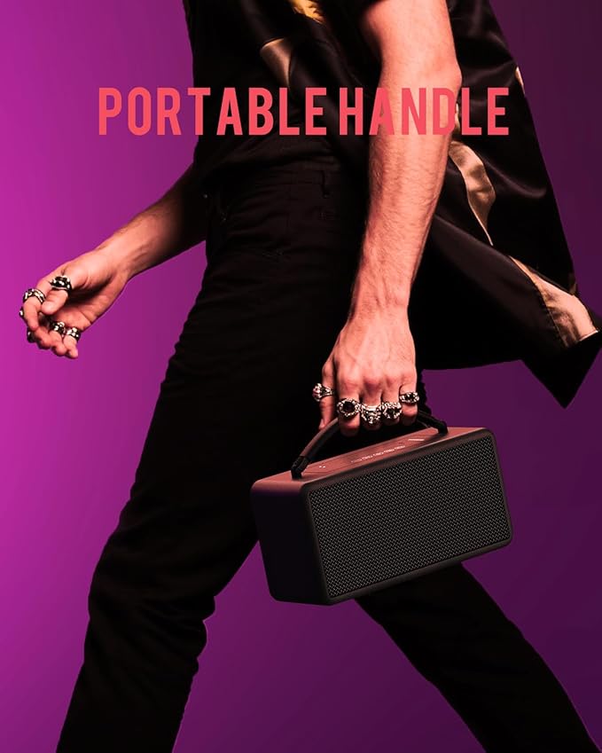 DINDIN Portable Bluetooth Speaker: 80W (Peak), 20H Playtime, Loud Wireless Wood Speakers with Bass, AUX and USB Input, Subwoofer, TWS Pairing, Vintage Speaker for Outdoor, Home, Office (Black)-CubbioJoy