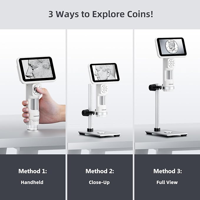 Andonstar Digital Microscope, 5" 1080P Coin Microscope Camera for Error Coin with 7.3" Metal Stand for Adults Kids, Handheld USB Coin Magnifier with 8 Adjustable LED Lights, Windows Mac PC View, AD115-CubbioJoy