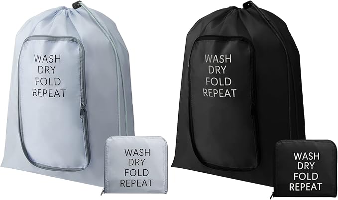 2 Pcs Travel Laundry Bag Washable Dirty Clothes Bag with Drawstring and Zipper for Suitcase, 22 x 18 Inch (Black, Gray,Classic)-CubbioJoy