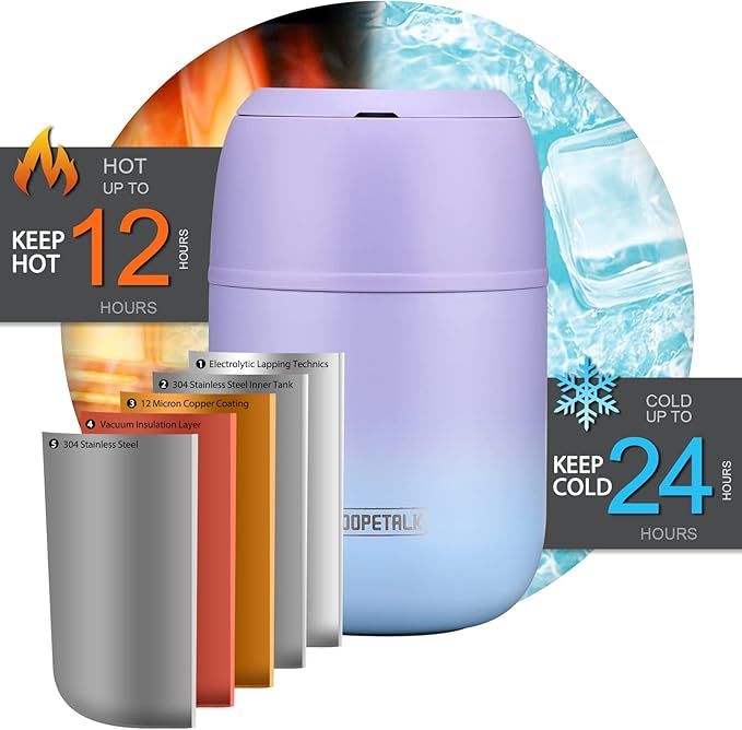 17 oz Insulated Lunch Containers Hot Food Jar, Wide Mouth Lunch Thermo for Hot Food Kids Adults, Vacuum Stainless Steel Thermo Lunch Box With Handle Folding Spoon for School, Office(Purple blue)-CubbioJoy