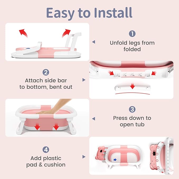 Collapsible Baby Bathtub for Newborn to Toddler (0-18 Month) - Portable Baby Bath Tub for Travel, Newborn Bathtub with Soft Towel and Floating Cushion (Pink)-CubbioJoy
