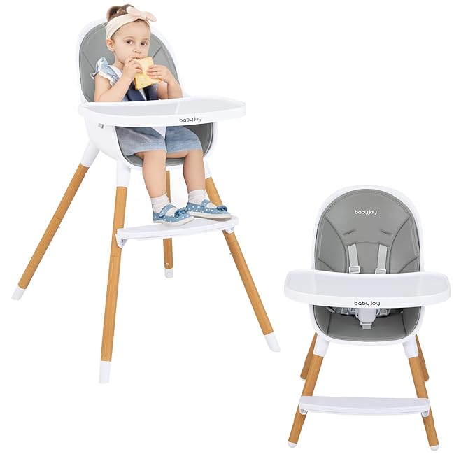 BABY JOY Convertible Baby High Chair, 3 in 1 Highchair w/Adjustable Legs, Dishwasher Safe Tray, Detachable PU Cushion, Footrest, 5-Point Harness for Babies Infants Toddlers (Gray)-CubbioJoy