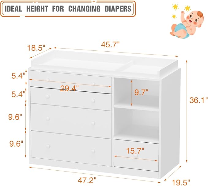 Changing Table Dresser, Baby Classic Nursery Dresser with 5 Drawers and 2 Shelves, Multi-Functional Baby Changing Table, Diaper Changing Station for Children's Room, White-CubbioJoy