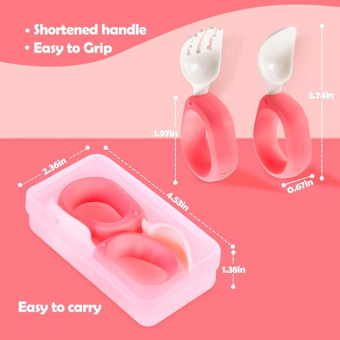 Baby Self Feeding Training Spoon and Fork Set with Travel Case, BPA-Free Cute Circle Toddler Training Utensils, Silicone/ABS Great Tableware Set Spoons Fork for Kids(Yellow)-CubbioJoy