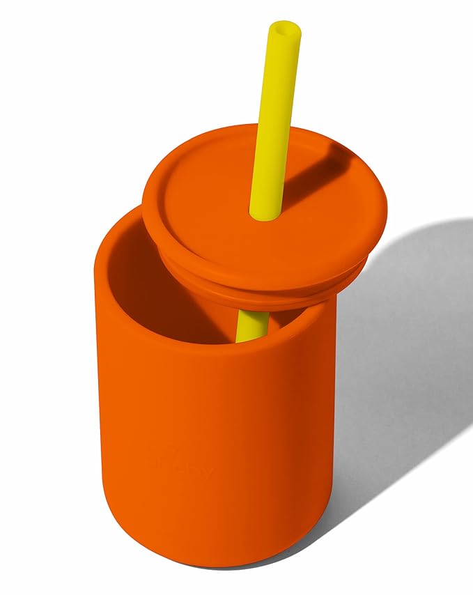 Avanchy Silicone Training Sippy Cup with Straw Lid – For Babies 6+ Months to Toddlers 1 Year Old – 8 oz Infant Water Cup for Baby Led Weaning, Orange-CubbioJoy