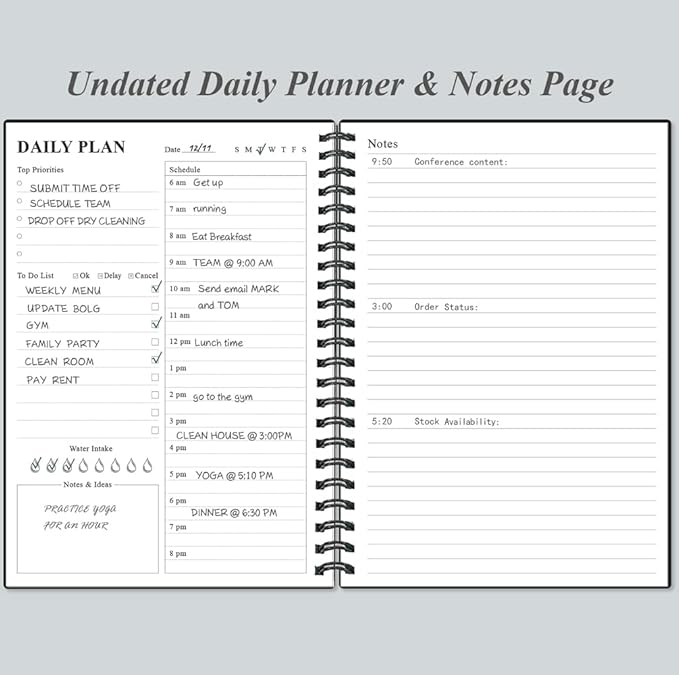 Daily Planner Undated - A5 To Do List Notebook Hourly Schedules, Spiral Appointment Planner for Women and Men, PVC Hardcover, Inner Pocket, Elastic Closure, 5.8" x 8.3", Black-CubbioJoy