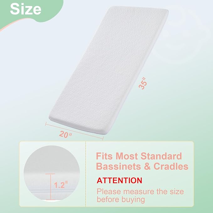 ANGELBLISS Bassinet Mattress Topper, Gel Memory Foam Mattress with Removable Cover Fit for AMKE Bassinet (35" x 20"), Bellababy, Evolur Stellar and Yamesmile Bassinets, Waterproof Soft Mattress-CubbioJoy