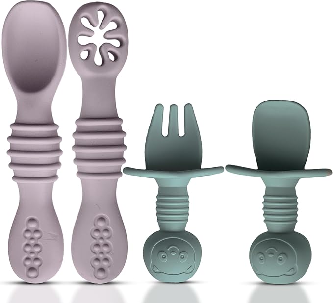 4pc Silicone Baby Spoons Self Feeding Baby Utensils 6-12 Months - 3 Baby Spoon - 1 Baby Fork - Toddler Cutlery Set - BPA Free, Dishwasher Safe, Baby Eating Essentials (Light pink/Army Green)-CubbioJoy