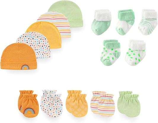 15 Pack Unisex New Born Boy Girls Hats Mittens Socks Sets Cotton Soft Infant Accessory 0-6 Months Baby Essentials-CubbioJoy