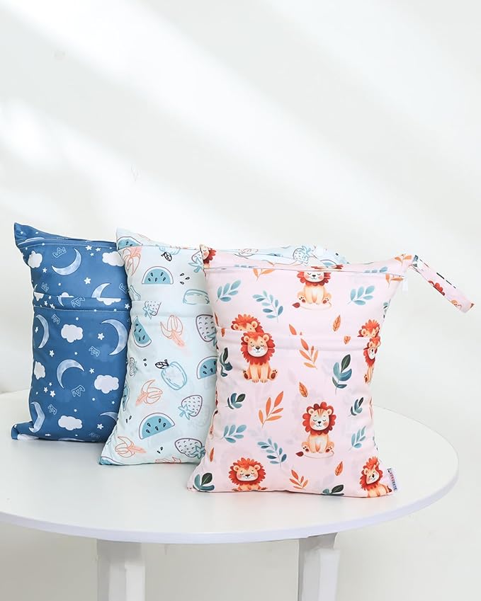ALVABABY 3 Cloth Diaper Wet Dry Bags Waterproof Reusable with Two Zippered Pockets Travel Beach Pool Daycare Soiled Baby Items Yoga Gym Bag for Swimsuits or Wet Clothes Small Medium Large 3L-ZM29-CubbioJoy