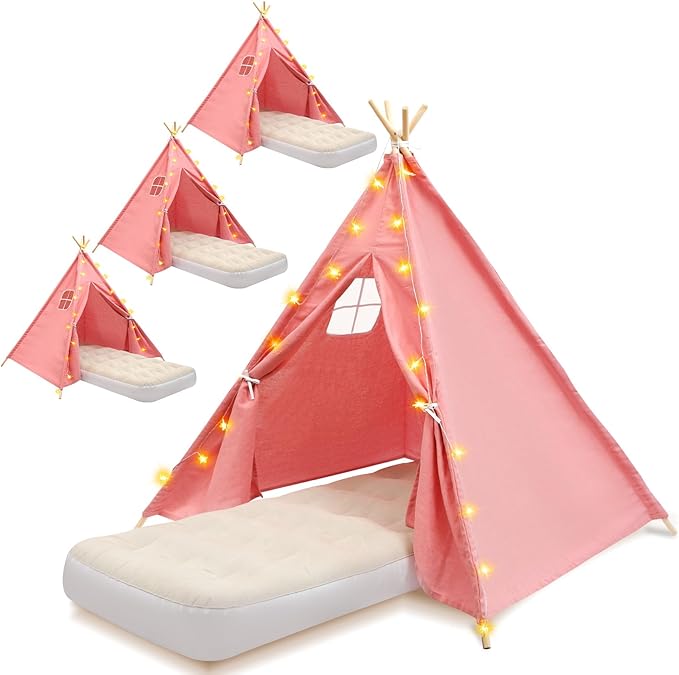 4 Pack Teepee Tent for Kids with Light String and Inflatable Airbed, Slumber Party Tents, Sleepover Tents Party for Girls Boys Indoor Outdoor (Pink)-CubbioJoy