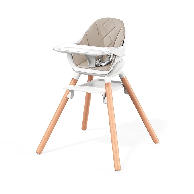 Baby High Chair, Highchair for Baby & Toddler, Easy Clean Infant Highchair, 6 in 1 Feeding High Chair with Removable Double Tray and Waterproof PU Cushion, Wooden Legs, Champagne-CubbioJoy