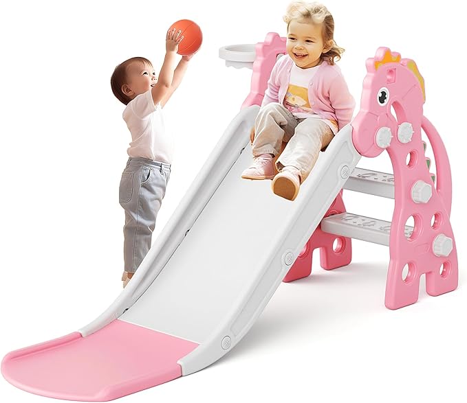 67i Toddler Slide for Indoor & Outdoor Play with Basketball Hoop, Anti-Slip Steps, 46.8in Baby Climber (Pink)-CubbioJoy