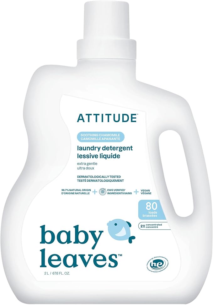 ATTITUDE Baby Laundry Detergent Liquid, EWG Verified, Safe for Baby Clothes, Infant and Newborn, Naturally Derived, HE Compatible, Soothing Chamomile, 80 Loads, 67.6 Fl Oz (AMAZON EXCLUSIVE)-CubbioJoy