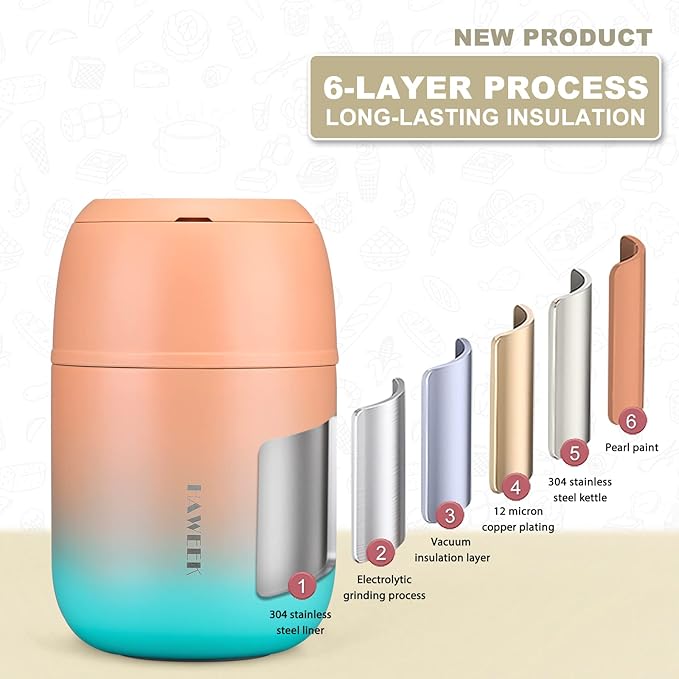 Insulated Food Container 17 oz Soup Thermo for Hot Food Adults, Stainless Steel Vacuum Lunch Box with Folding Spoon, Adult Kids Thermo Portable with Handle for School, Office, Outdoor-CubbioJoy