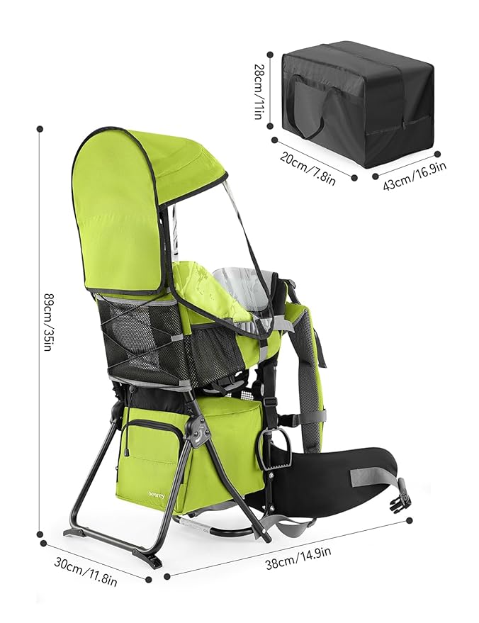 besrey Baby Backpack Carrier, Toddler Hiking Backpack with Safety 3-Height Seat, Adjustable Straps&Waist Belt, Foldable Frame Lightweight Large Capacity Child Carrier for Hiking (Green)-CubbioJoy