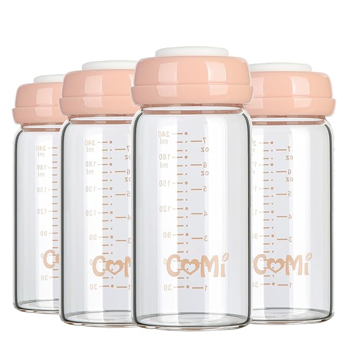 COMI Wide Neck Glass Breastmilk Collection n Storage Bottle, 8oz with Screw Ring Sealing Disk; Re-markable Sealing Disc. BPA Free, Fits Breast Pumps & Nipples (4 Pink Lids)-CubbioJoy